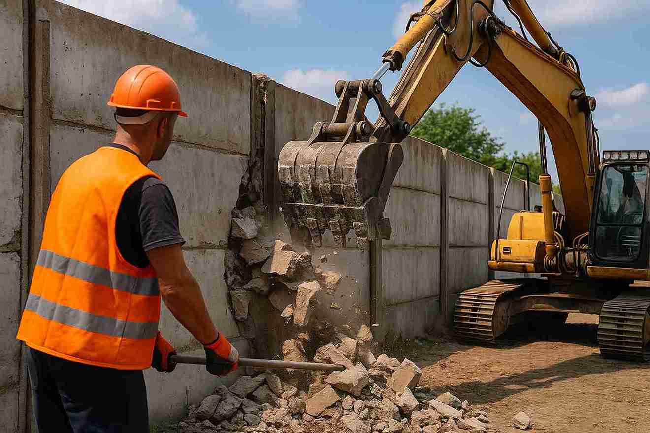 демонтаж-бетонного-забора-техникой